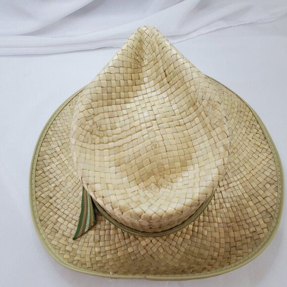 1970's Handwoven Straw Pinch Hat With Green Ribbon Metal Buckle Mens size Small - Picture 4 of 16